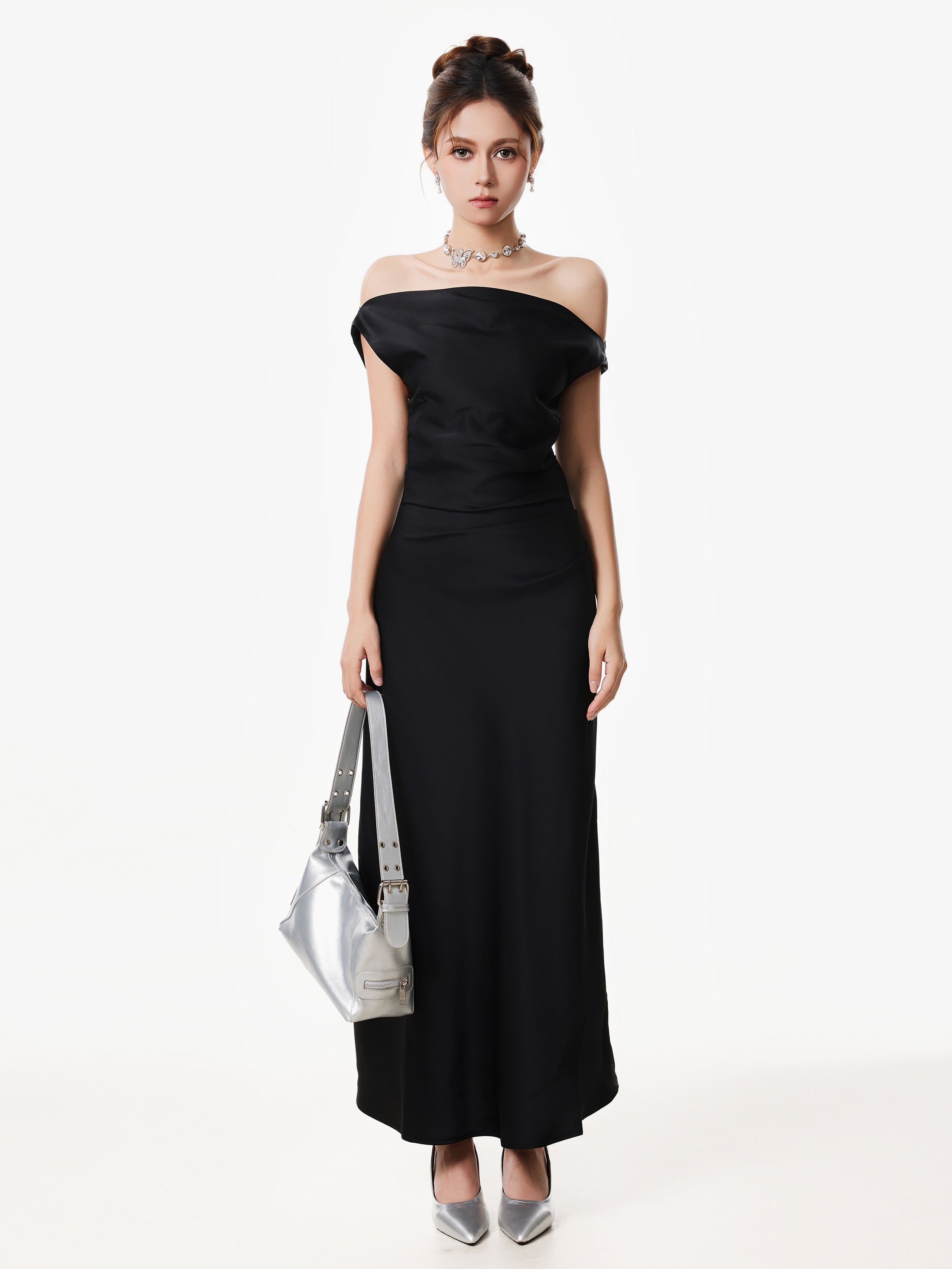 Asymmetrical One Shoulder Satin Maxi Dress