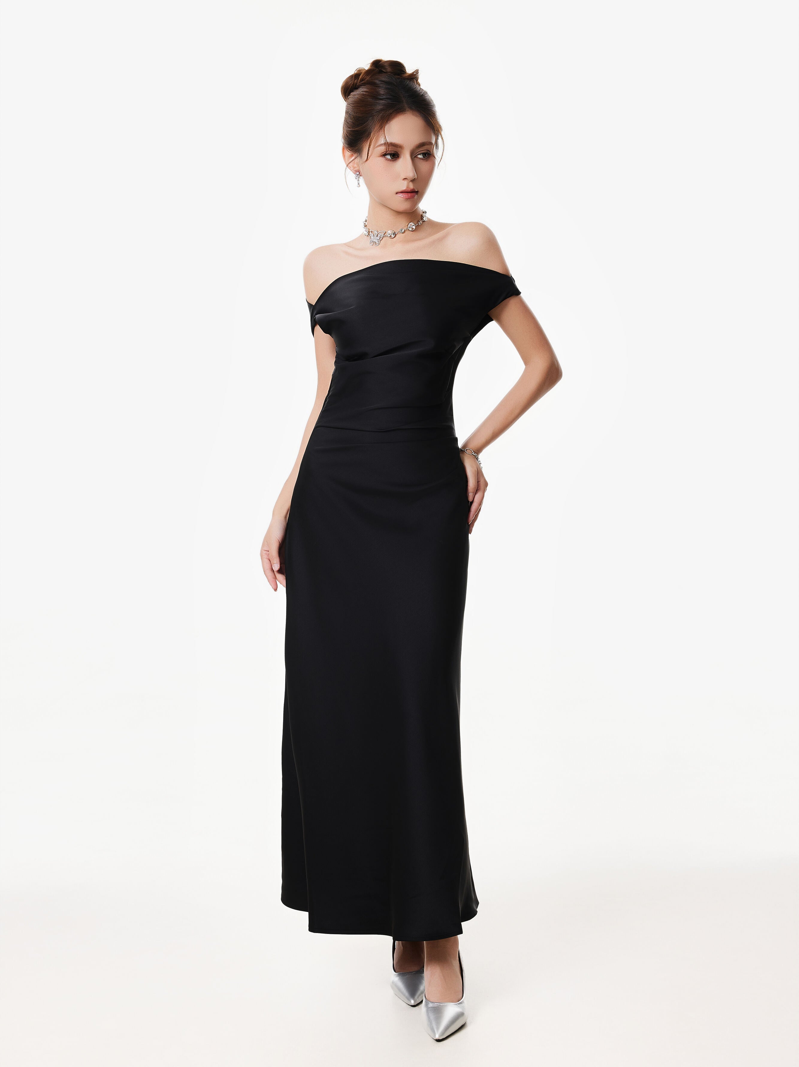 Asymmetrical One Shoulder Satin Maxi Dress