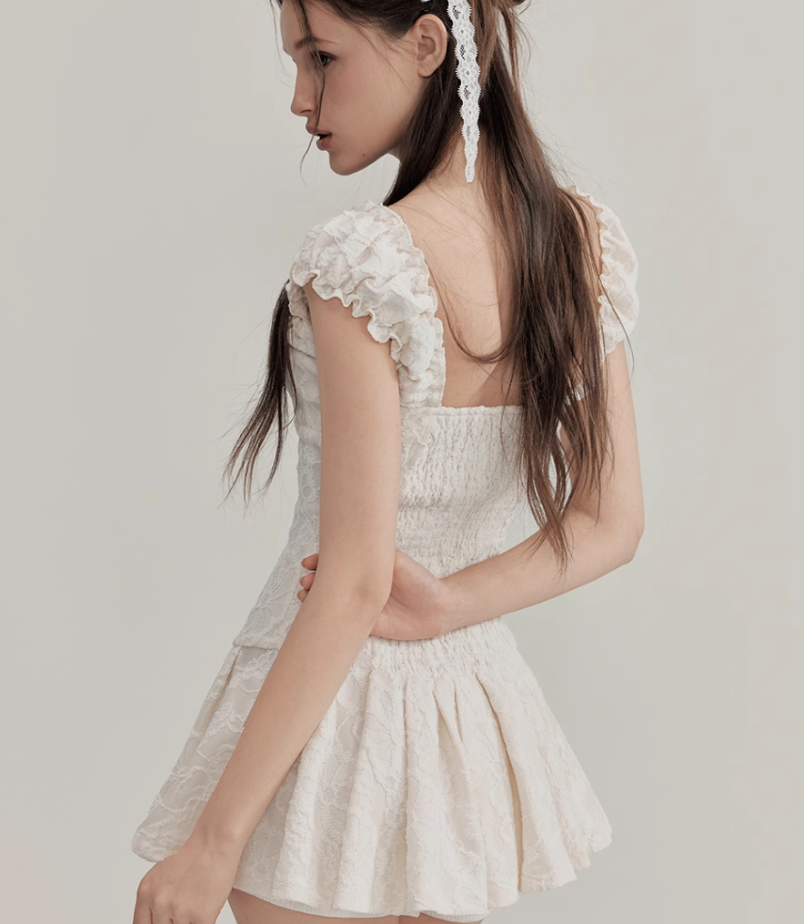 Ruffle Lace Off Shoulder Pleated Mini Dress