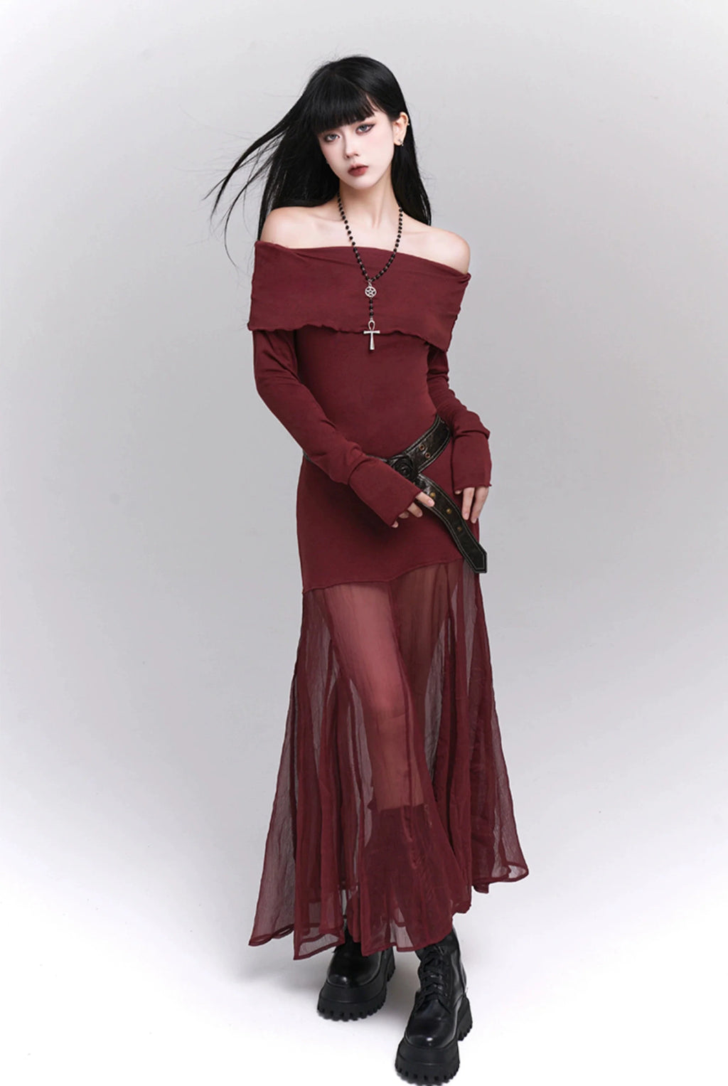 Ruffle Off-Shoulder Sheer Skirt Maxi Dress