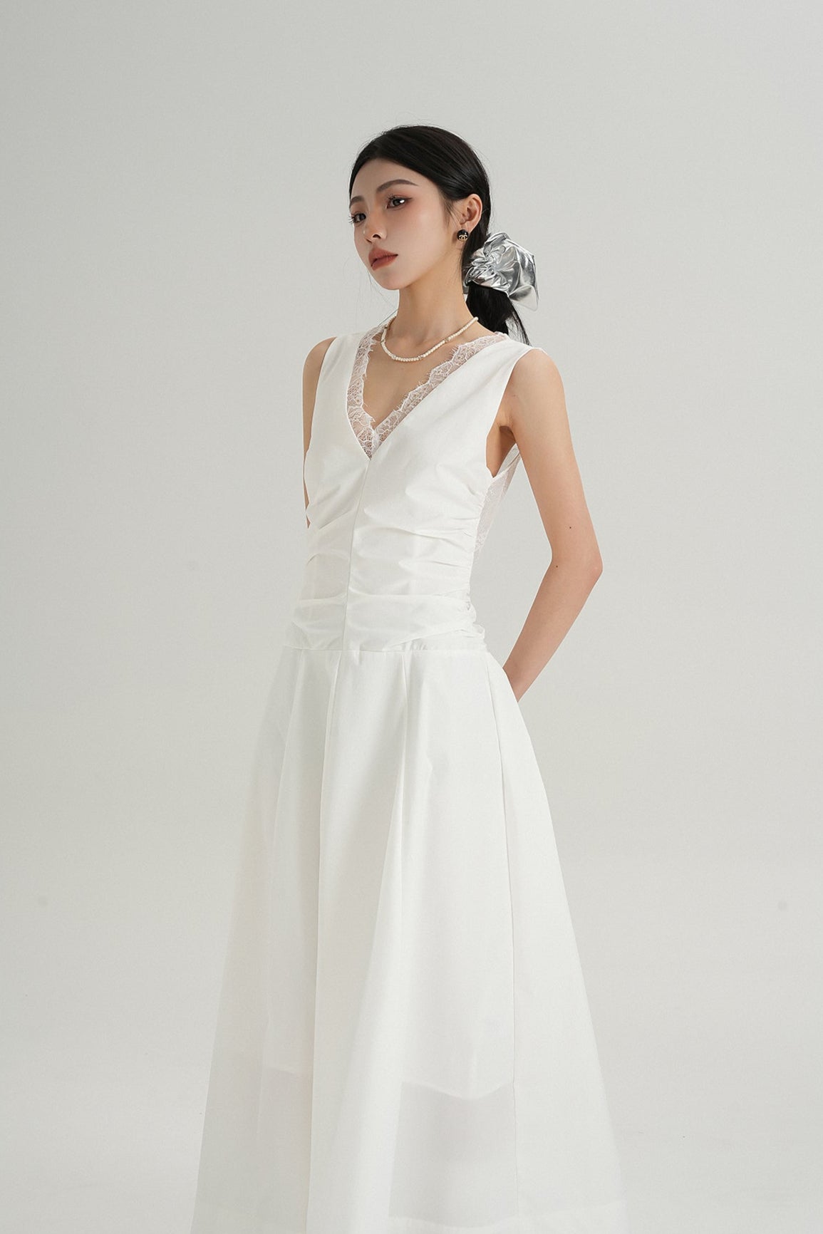 Sleeveless V-Neck Maxi Dress with Lace Back and Ruched Waist