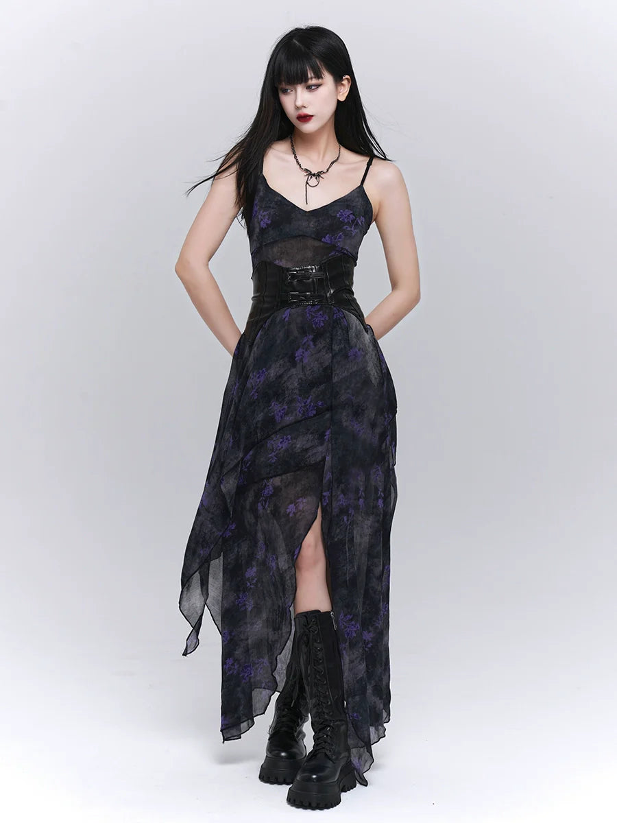 Asymmetric Hem Floral Sheer Overlay Dress