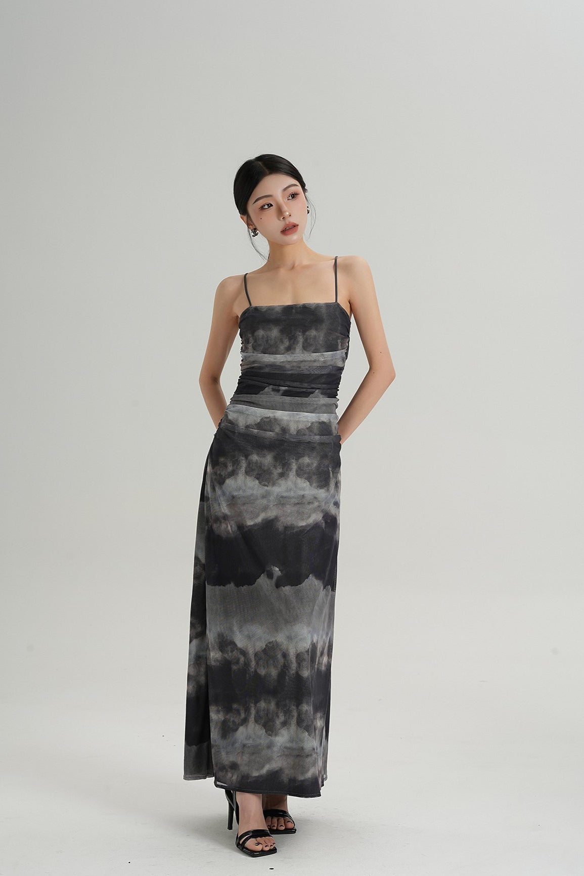 Spaghetti Strap Ruched Tie-Dye Maxi Dress