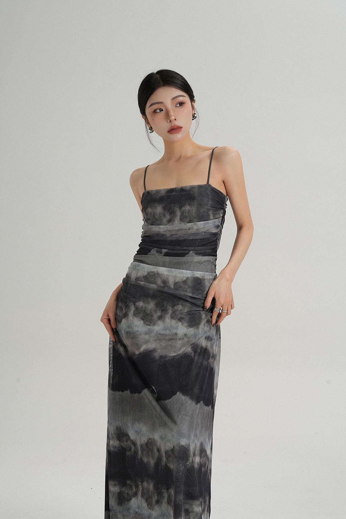 Spaghetti Strap Ruched Tie-Dye Maxi Dress