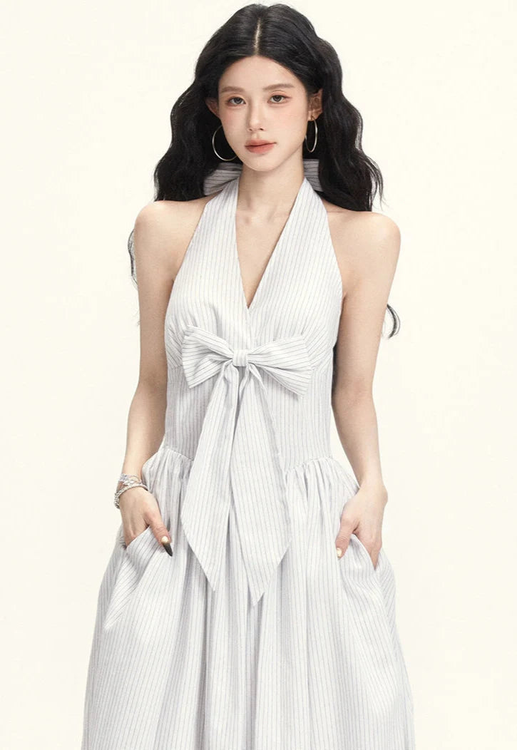 Striped Halter Neck Maxi Dress with Bow Tie Detail