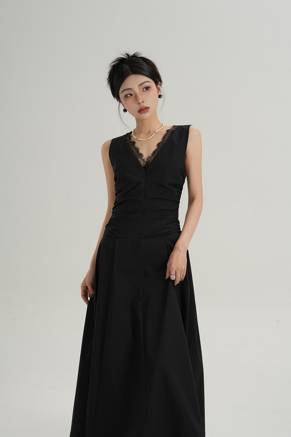 Sleeveless V-Neck Maxi Dress with Lace Back and Ruched Waist