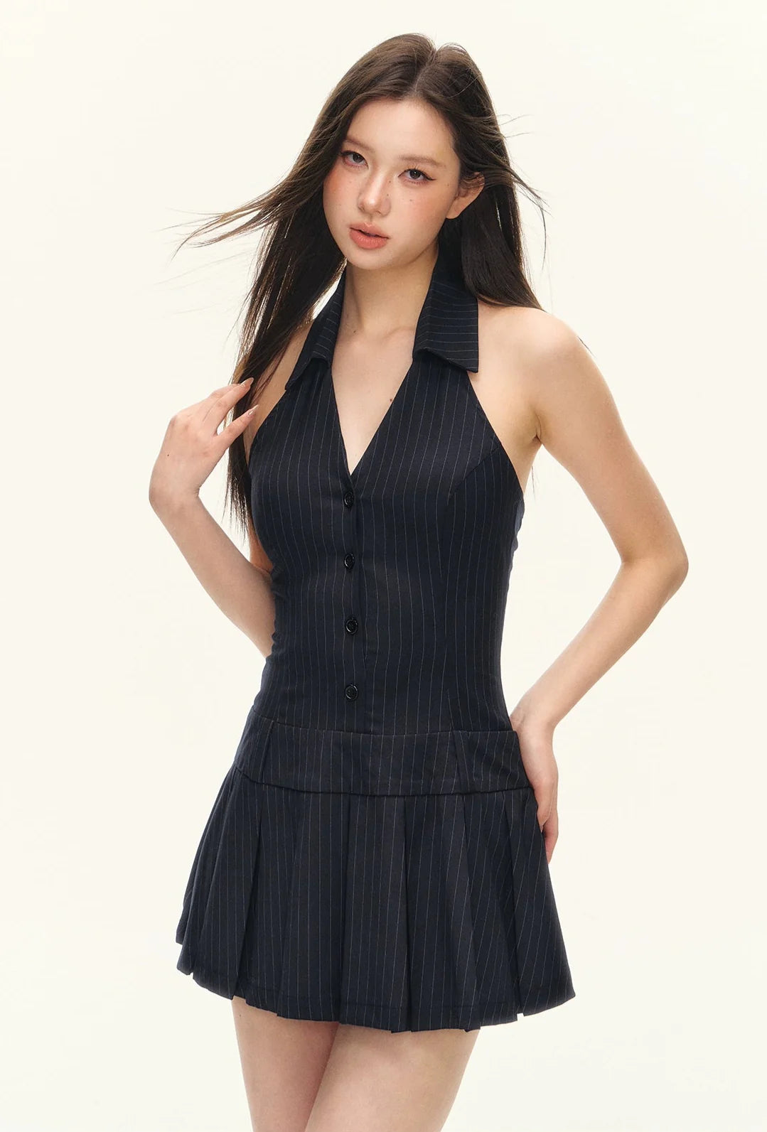 Pinstripe Halter Neck Button Front Pleated Mini Dress