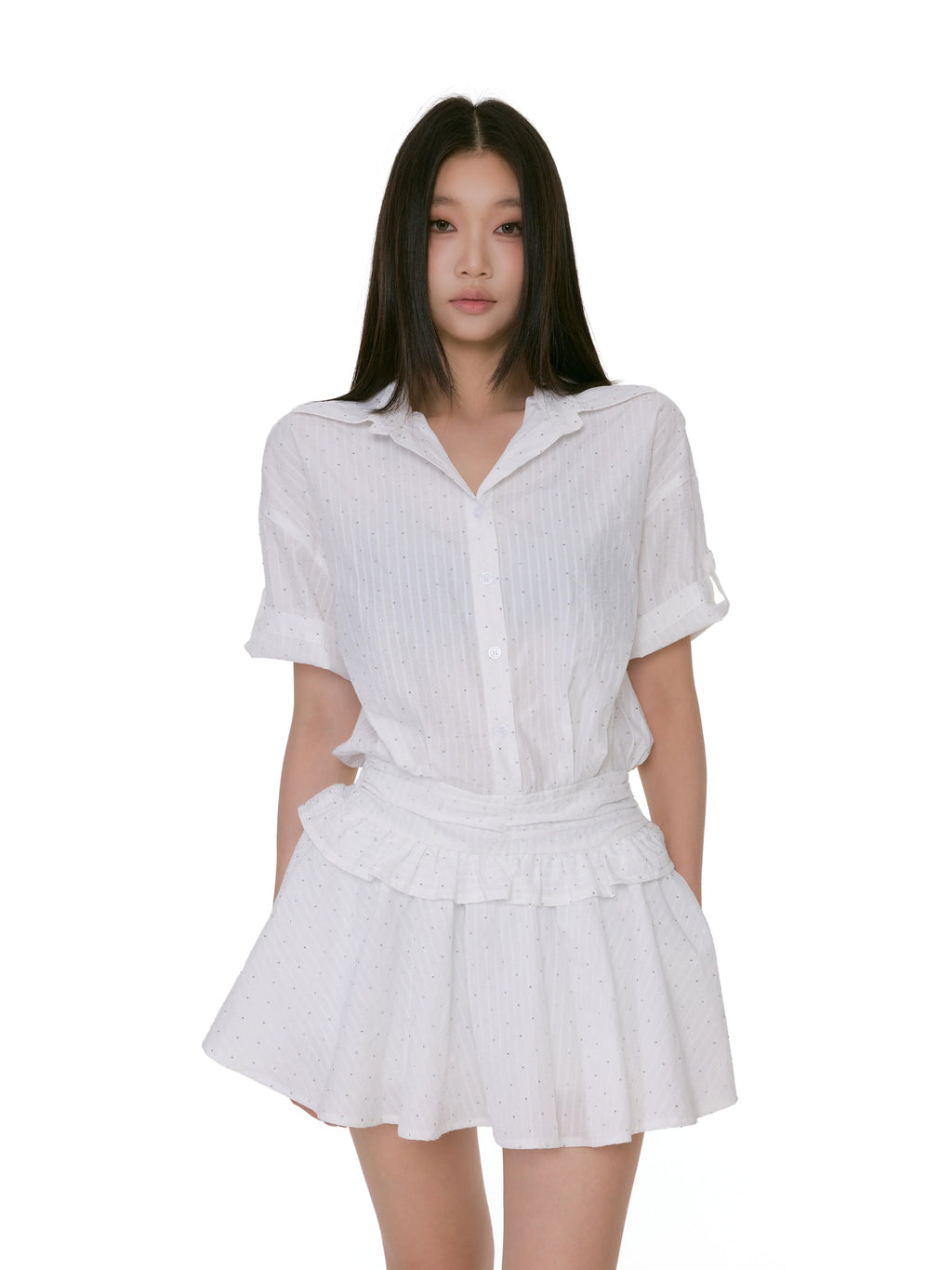 Textured Button-Up Mini Dress Shirt With Ruffle Trim