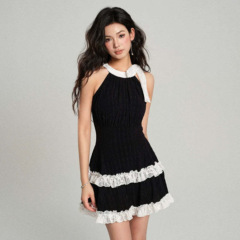 Textured Halter Mini Dress with Layered Lace
