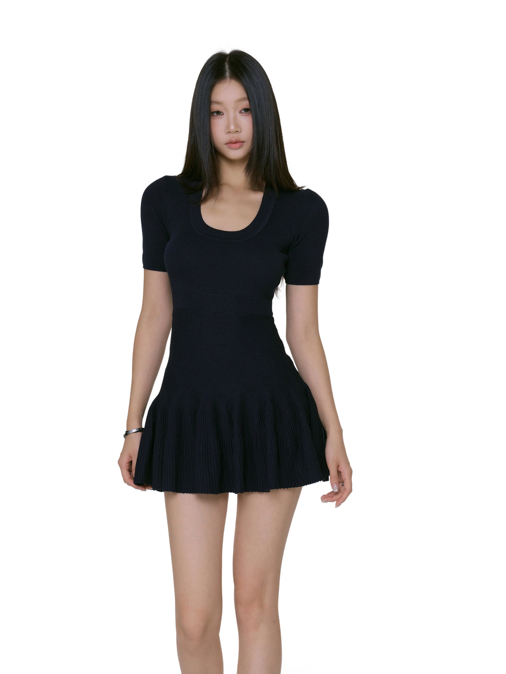 Scoop Neck Ribbed Knit  Short Sleeves Mini Dress
