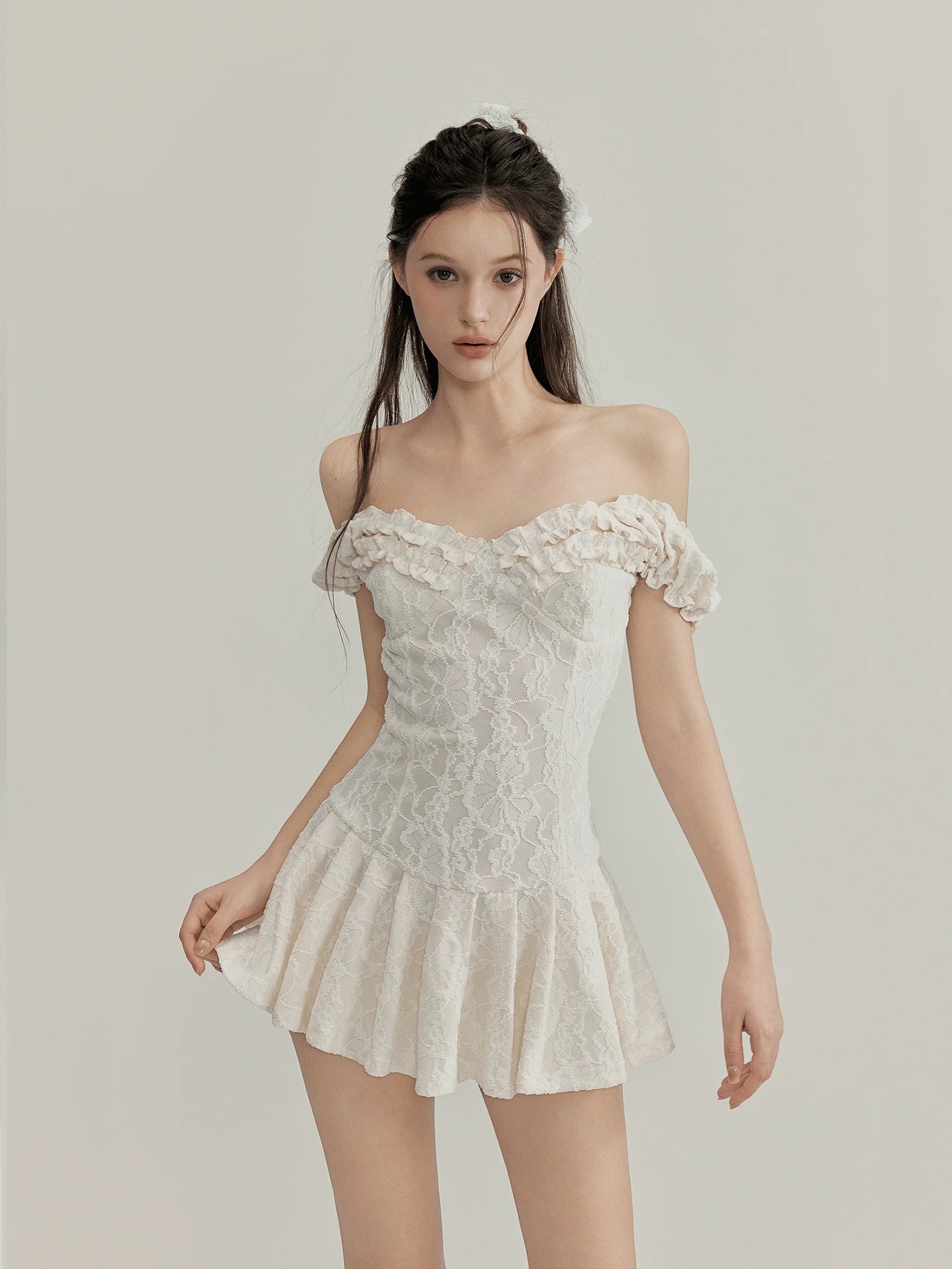 Ruffle Lace Off Shoulder Pleated Mini Dress