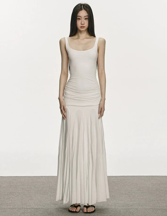 Ruched Spaghetti Strap Maxi Dress with Flared Hem