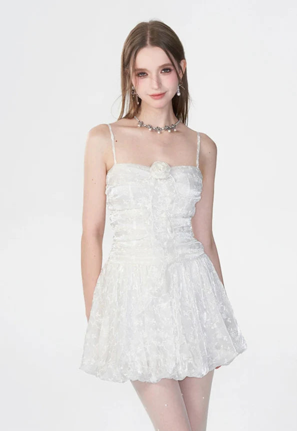 Spaghetti Strap Ruched Floral Lace Mini Dress