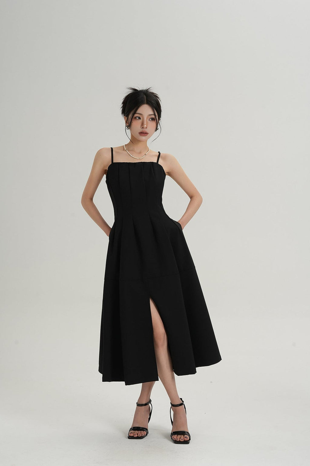 Pleated Spaghetti Strap Midi Dress with Front Slit