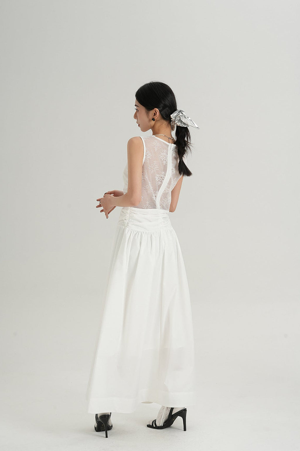 Sleeveless V-Neck Maxi Dress with Lace Back and Ruched Waist